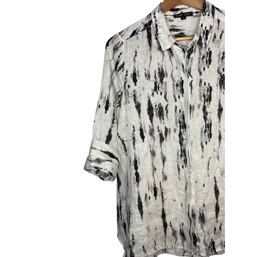 Boho Chic Linen Abstract Print Button Down Shirt … - image 4